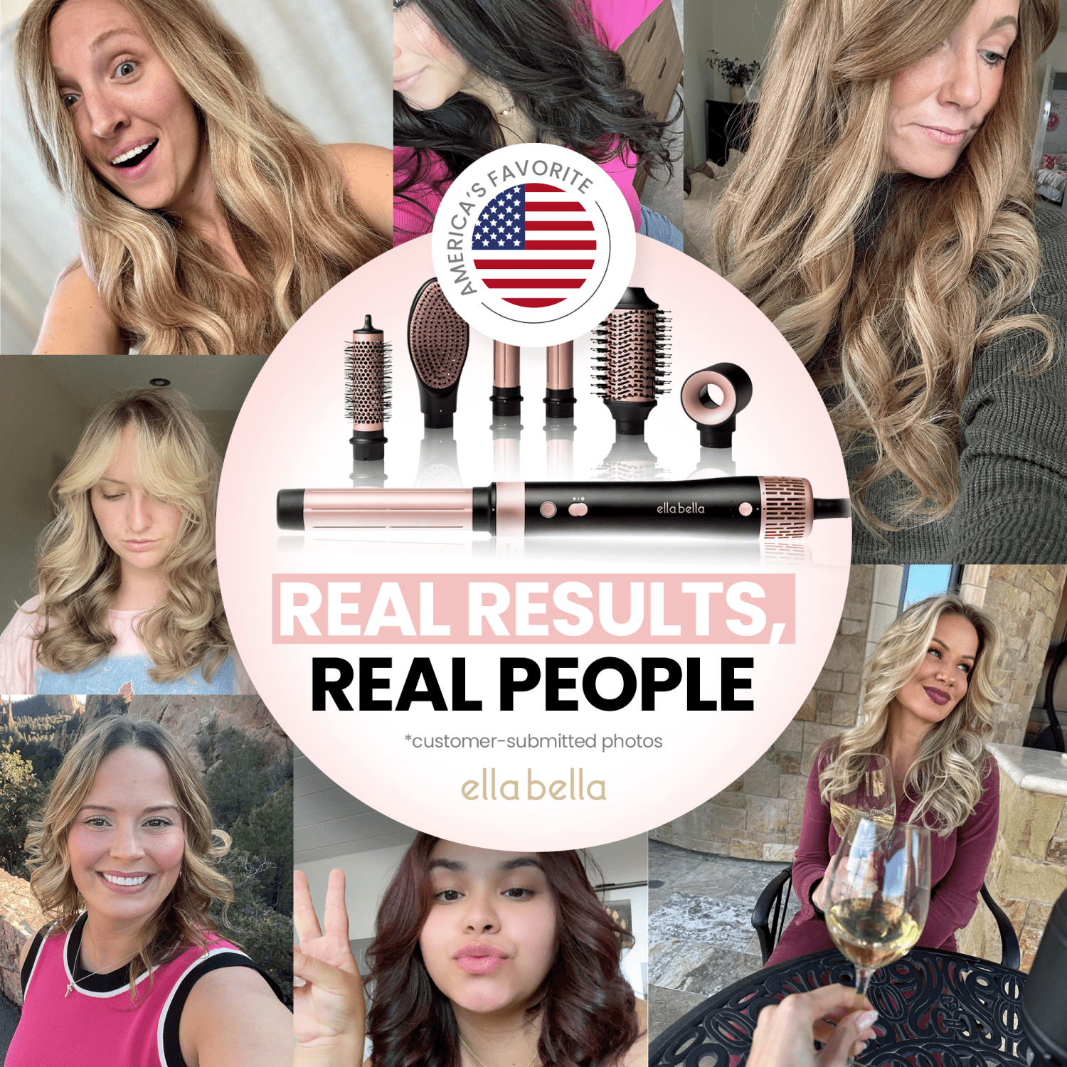 ELLA BELLA® 6 in 1 Professional Hot Air Styler • Powerful Hair Dryer & Straightener Set • Fast Drying Curling Volumizing Straightening Styling • Includes Protective Travel Case (Black & Rose Gold)