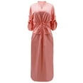 thumbnail image 4 of Women's Mini Dress Loose Fitting Waistband Wrap Dress Casual Ruffle Hem A Line Work Dress V-Neck Solid Color Long Sleeved Side Slit Summer Dress Pink L, 4 of 5