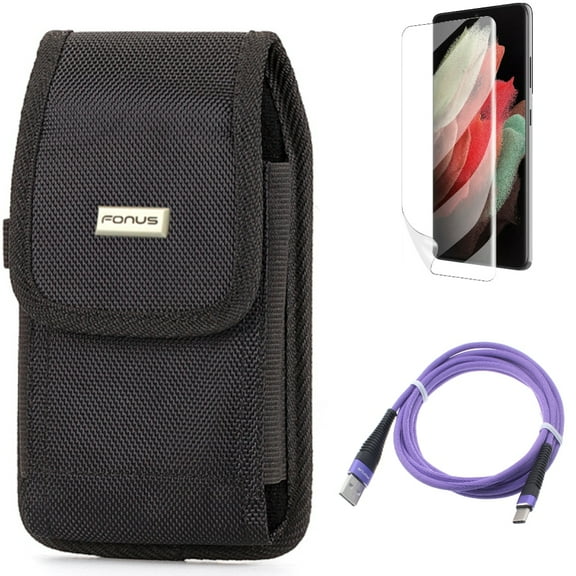 6ft USB Cable & Case Belt Clip & Matte Screen Protector for Samsung Galaxy S22 Plus (S22 ) - Combo Purple Type-C Charger Cord & Rugged Holster & TPU Film Anti-Glare