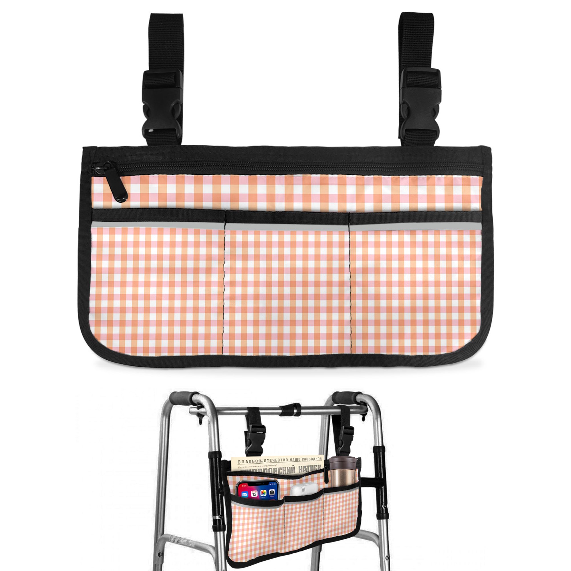 Orange Plaid Wheelchair Side Bag with Cup Holder, Classic Coral Orange Grids Squares Checkers Rustic Wheelchair Armrest Bag Storage Pouch Adults, Seniors for Walkers, Rollator, Scooter