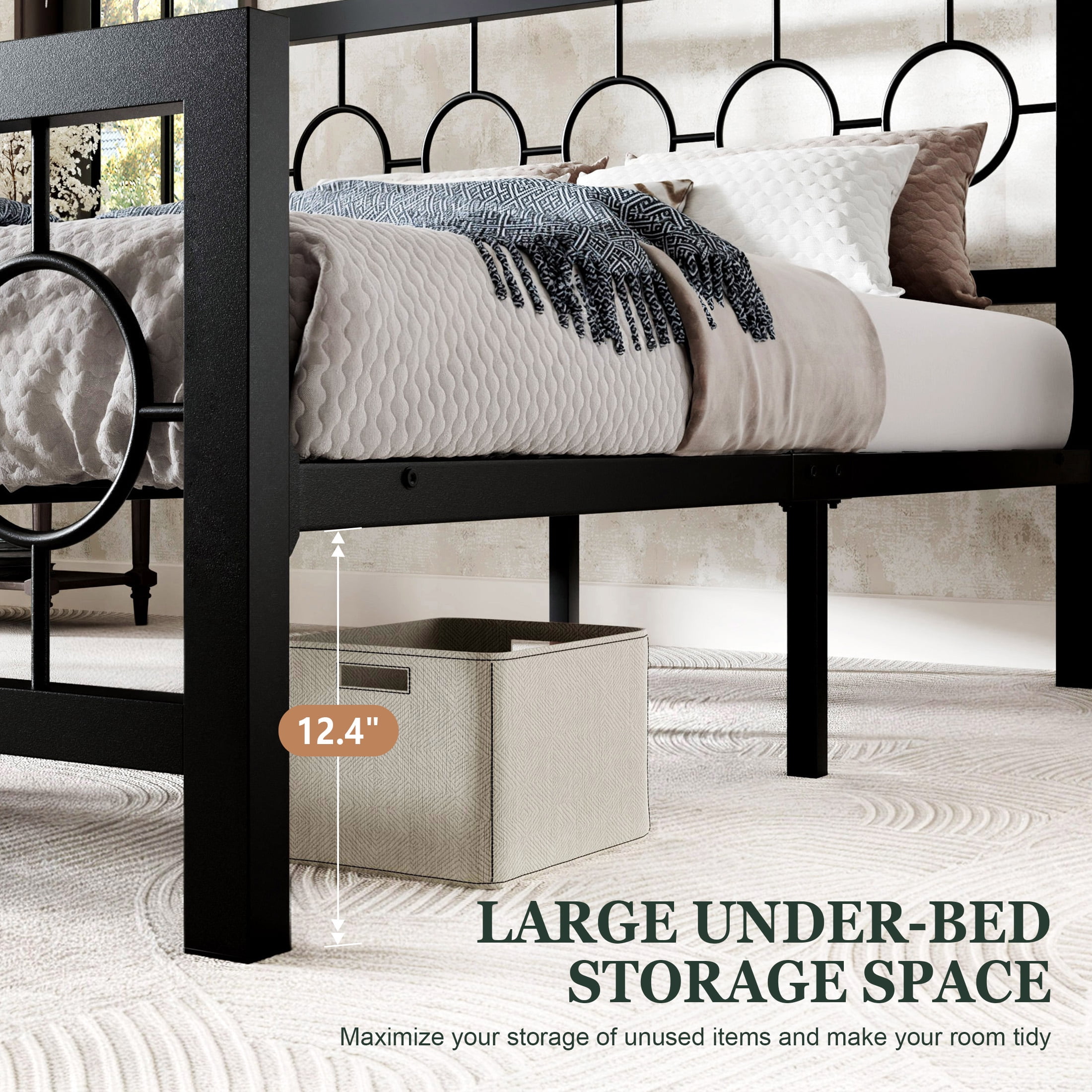 Sha Cerlin Black Queen Size Metal Platform Bed Frame with Vintage Circular Headboard & Footboard, Adult