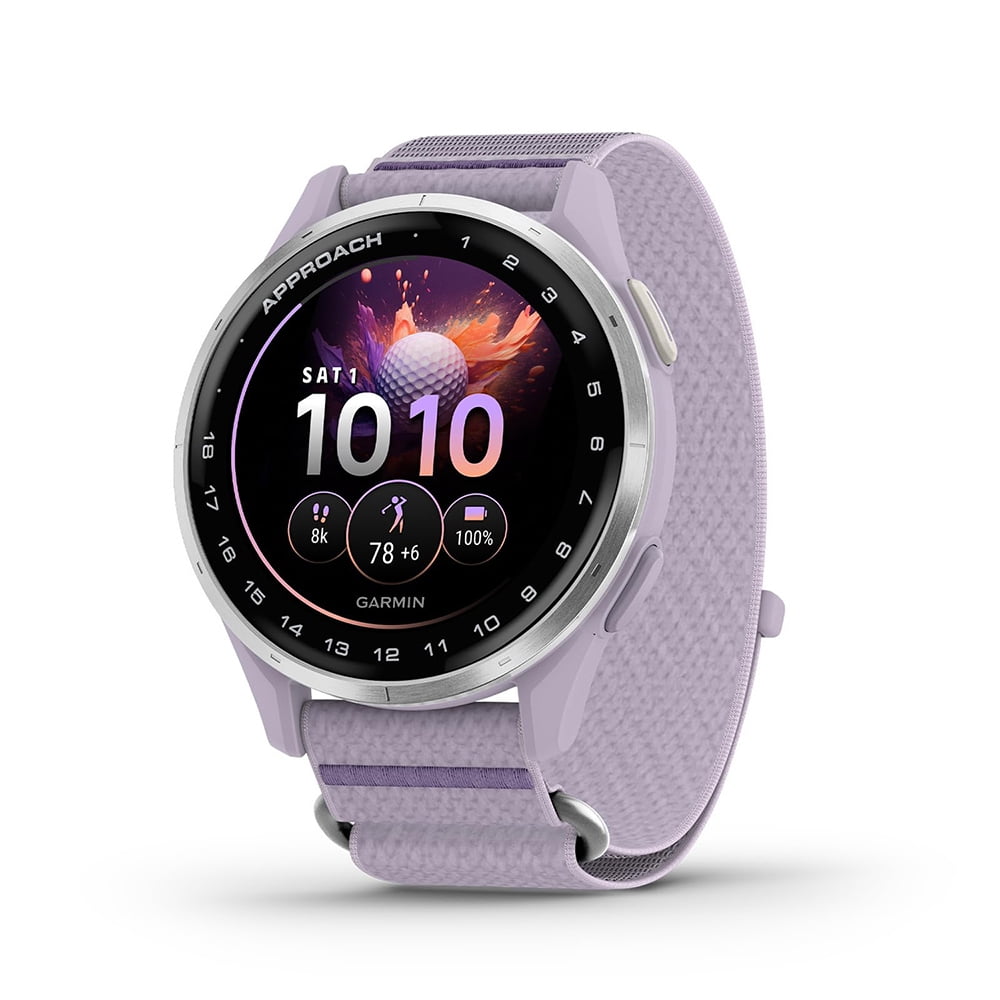 Garmin Approach J1 Silver Aluminum Bezel with Lilac ComfortFit Fabric Band 010-03898-10 Bundle with Deco Essentials Charging Dock, 3x Silicone Dust Cover and 2x 1.2 Inch Screen Protector