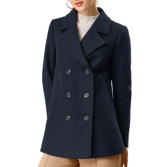 INSPIRE CHIC Women's Pea Coat Double-Breasted Notch Lapel Mid-Thigh Winter Coat XS Dark Navy Blue