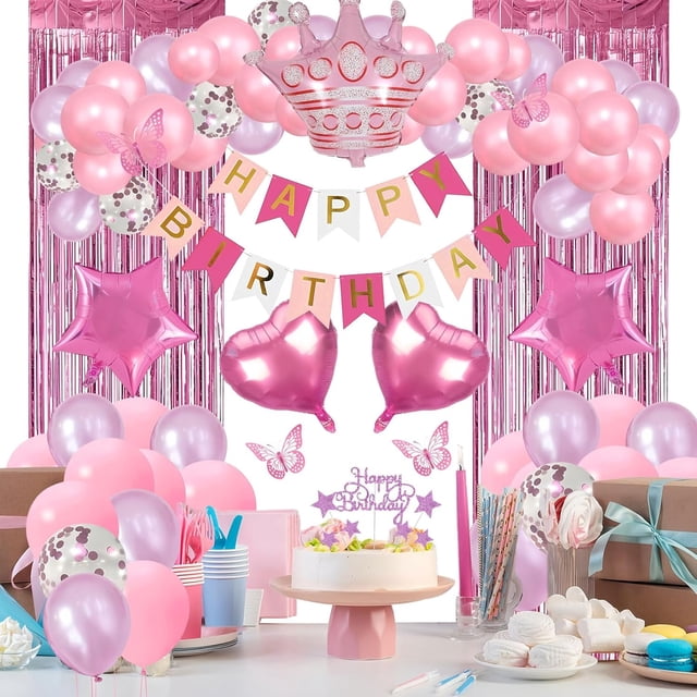 Globos de Cumpleaños,59pcs Decoracion Fiesta de Pared con Cortina Metálica,Banner Happy Birthday,Globos Rosa,Blanco y Morado, Confeti,Decoración de Cumpleaños Ideal para Niños,Mujer,Fiesta