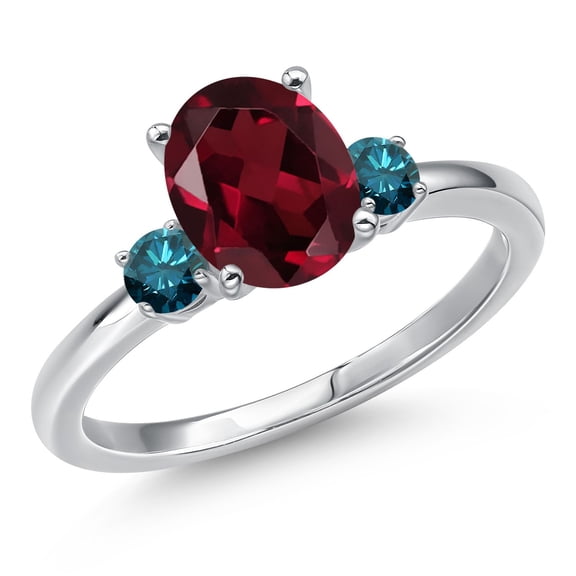 Gem Stone King 14K White Gold Red Rhodolite Garnet and Blue Diamond Engagement Ring for Women | 2.20 Cttw | Oval 9X7MM | Gemstone January Birthstone | Size 7