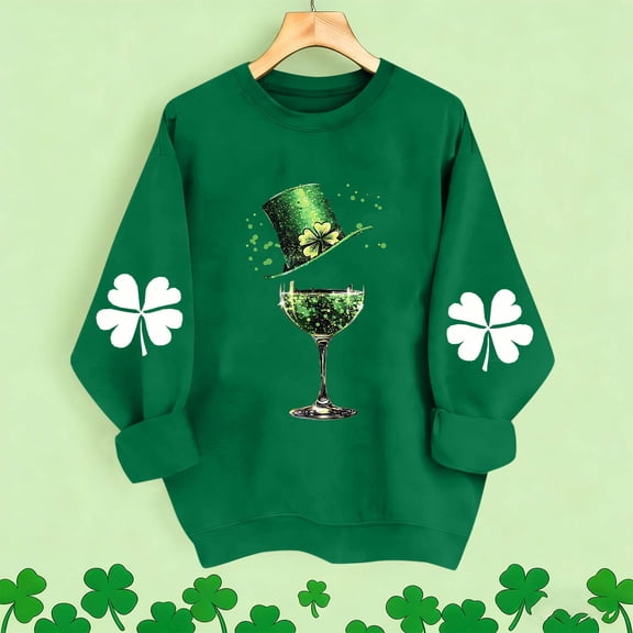 Vekome St Patricks Day Tops for Women Long Sleeve Plus Size Green Shirts Loose Crewneck Holiday Irish Themed Tee Shirts Holiday Pullover Tops