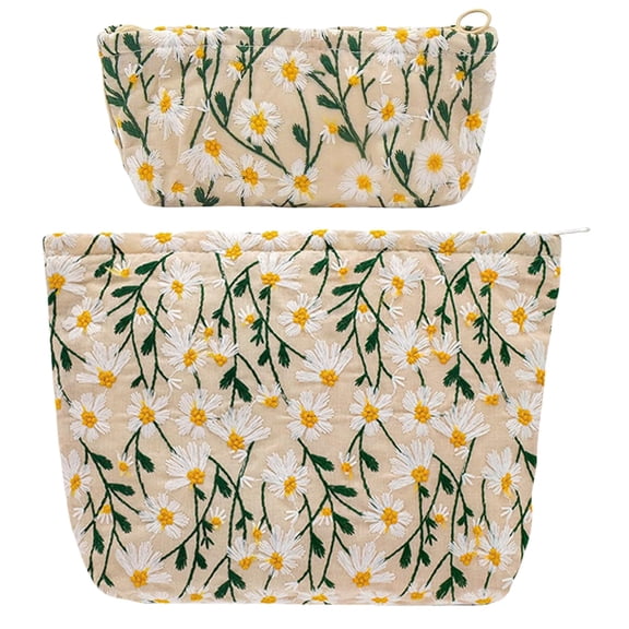 Soda Candy 2 PCS Makeup Bag Large Cosmetic Bag with Small Makeup Pouch, Daisy Embroidery Craft Travel Toiletry Bag for Women