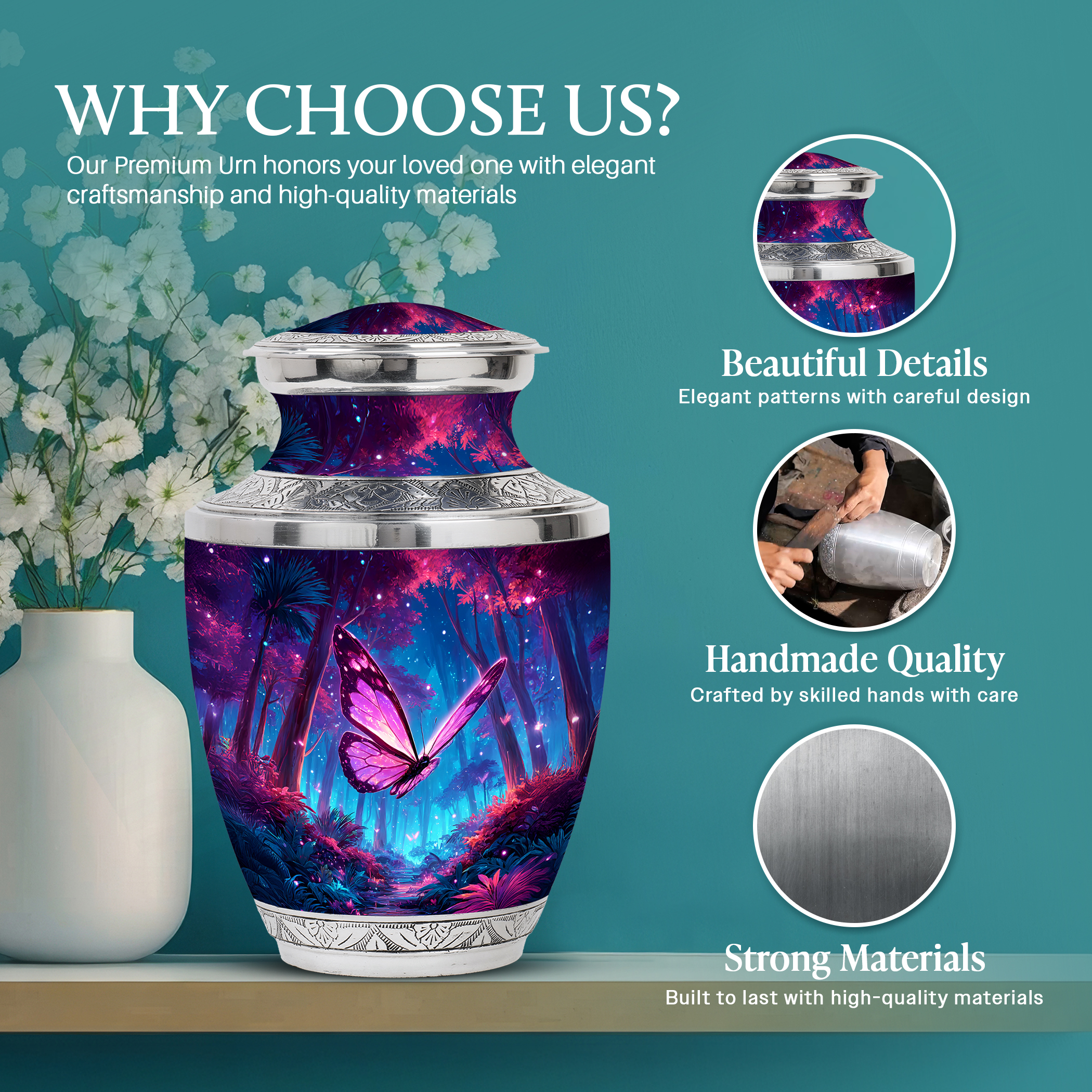 SABURIAL Butterfly Urn for Adult Ashes - Beautiful Handcrafted Urns for Human Ashes - Memorial Urns for Burial - Cremation Tribute Urn to Honor Loved Ones - 10 Inch - Large with Velvet Bag