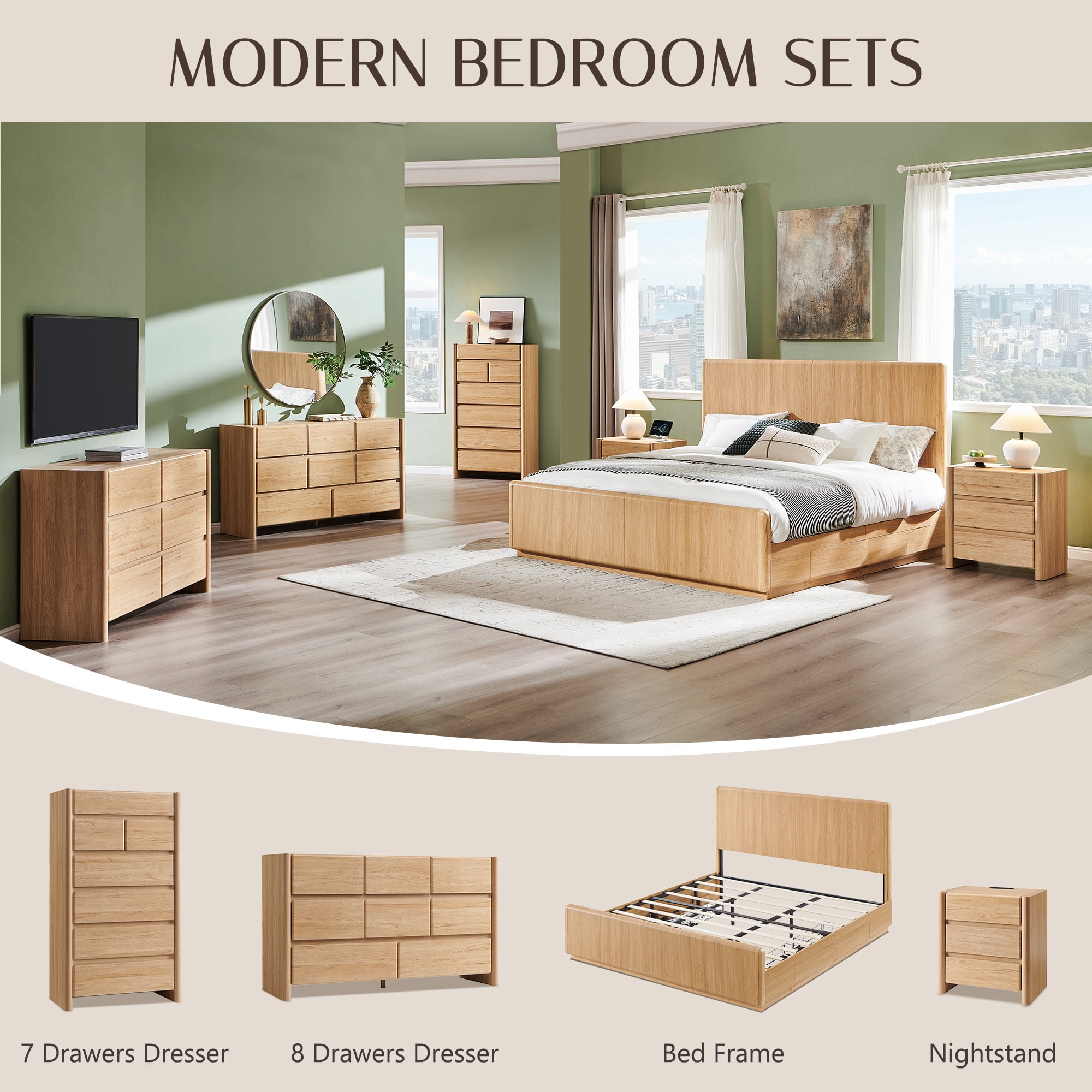 wow97e Modern 8 Drawers Dresser for Bedroom, 55" Wide Natural Wood Chest of Drawers w/Rounded Corner & Handless Design for Living Room