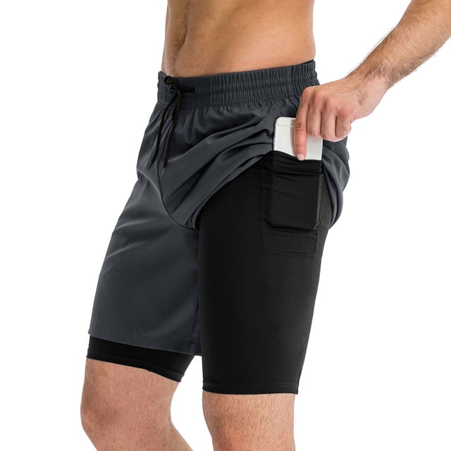 yeacher Men's High-Performance Double Layer Training Shorts - Breathable, Stretchable, Quick-Dry for Basketball & Running - Grey, Size L (EU)