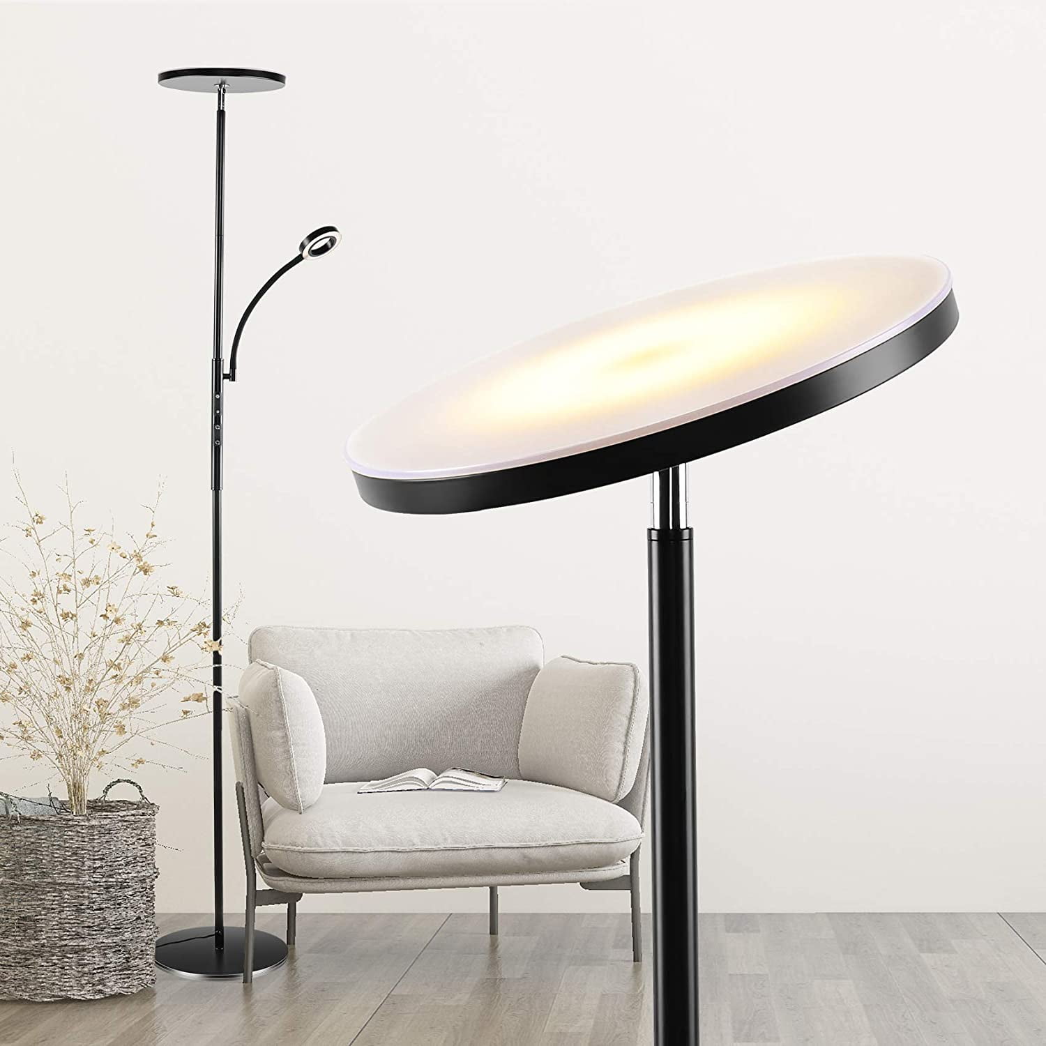 Torchiere Floor Lamp with Adjustable Side Reading Lamp Floor Lamp Bedroom Black Timing Function Use for Office Living Room Dimmable LED Floor Lamp with 3 Color Temperatures 