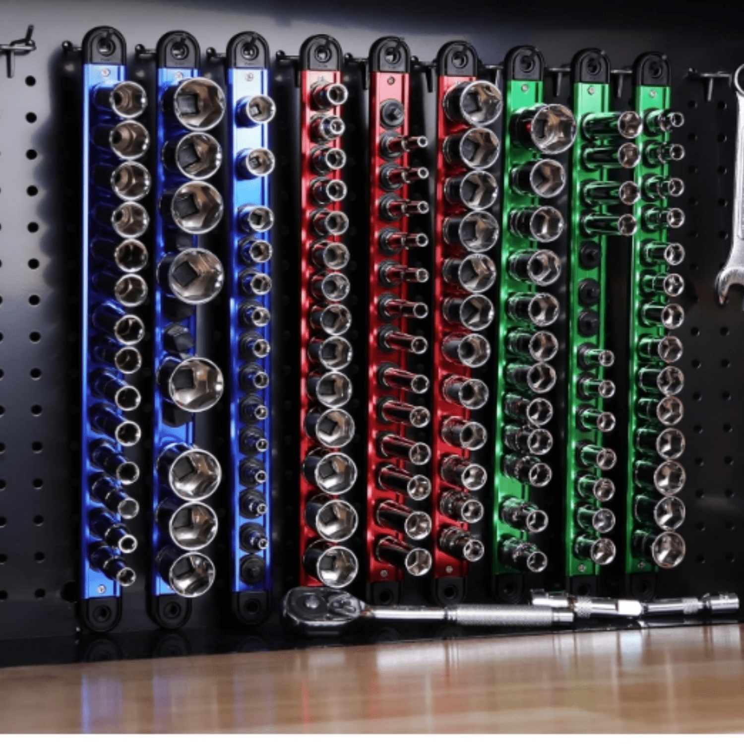 Magnetic Socket Holder Organizer Set: 9-Piece Detachable 1/4, 3/8, 1/2 Socket Trays Socket Organizer for Tool Box Drawer Holds 120-Piece Standard Size Sockets for Automotive Garage(Blue Red Green)