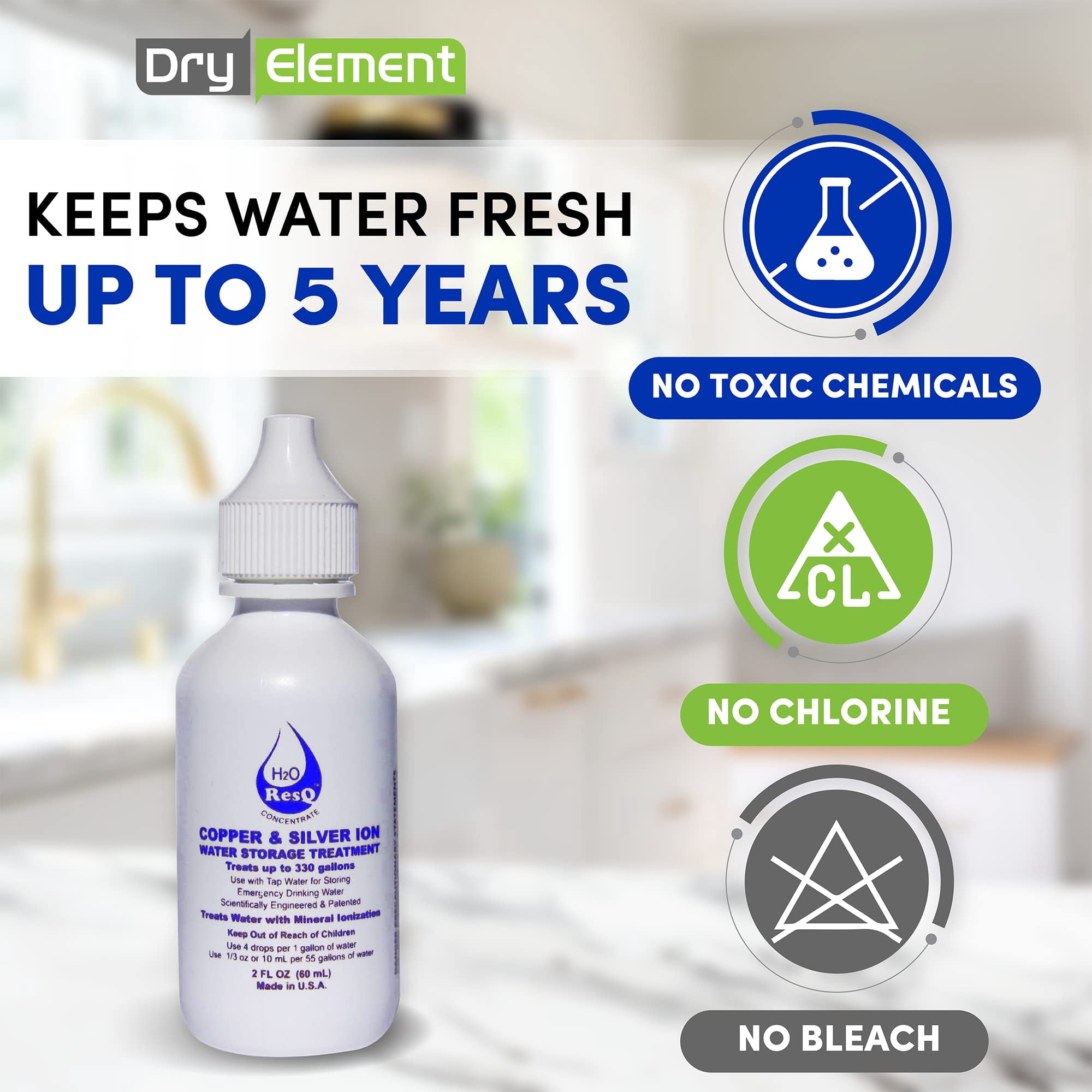 H2O ResQ Water Storage, Natural and Patented Formula, Treats 330 Gallons, Keeps Water Fresh for 5 Years, Test Kit Included!!