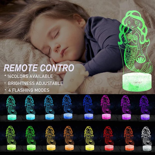Liangnv Luz Nocturna 3D De Sirena para Niños,Lámpara De Noche con Luz Nocturna Led Regulable,Lámpara De Ilusión 3D Que Cambia De 16 Colores con Control Remoto, Los Mejores Rega
