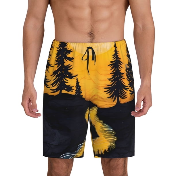Balery Sunset River Pine Trees Pantalones cortos de pijama de punto de algodón para hombre con cinturilla y bolsillos-Large