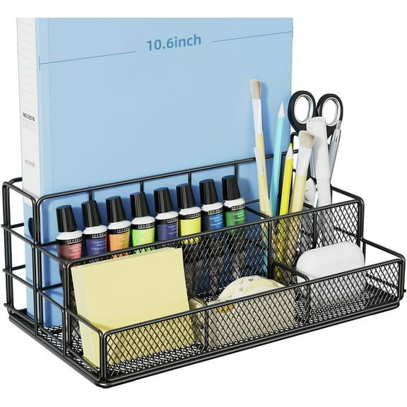 Yecaye Black Desk Organizer, Mesh Office Supplies Desk Accessories, Features 7 Compartments - Black