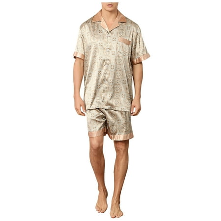 

REORIAFEE Pajama Sets for Men Soft Solid Casual Button Closure Print Short-sleeve Pajama Shorts Set With Pockets Khaki XXL