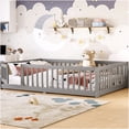thumbnail image 3 of Full Size Floor Bed with Safety Door & Rails, Low Profile House Frame for Play and Sleep, Gray Wooden Bed, 3 of 10