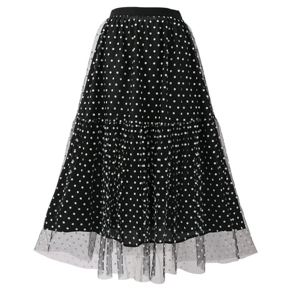 Xmarks Tulle Skirts for Women Elastic High Waist Pleated Midi Skirt Layered Polka Dots Print Skirt Mesh A-Line Swing Skirt, S-2XL