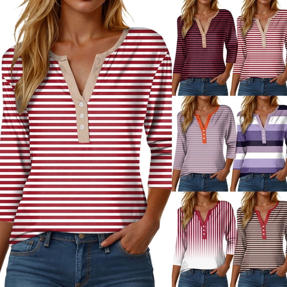 Towmus 3/4 Length Sleeve Womens Tops V Neck Casual Henley Button Shirts Print Trendy Blouses Summer Tees Under $6