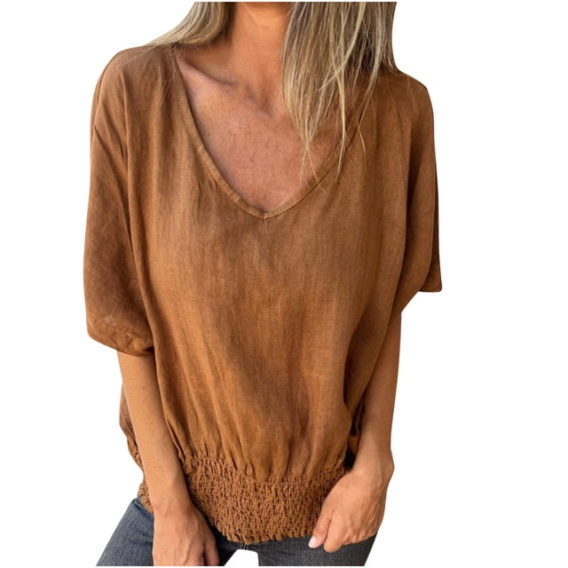 Timegard Tops for Tops V-Neck Short Sleeve Smocked Bottom Ruched Solid Color Blouse Casual Loose Tops