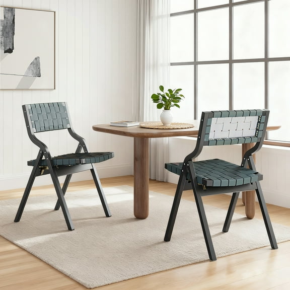 MAYEERTY 2-Set Wood Foldable & Stackable Dining Chairs for Dining Room, Woven Seat & Back, Ink Green - Black