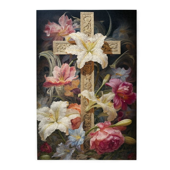 1000 PCS Floral Symphony Cross 1000 Piece Art Jigsaw Puzzles,Challenging Brain Exercise,Funny Artwork For Adults,Unique And Beautiful Design,Vibrant Colors,Classic Religious Puzzles As Home Decor