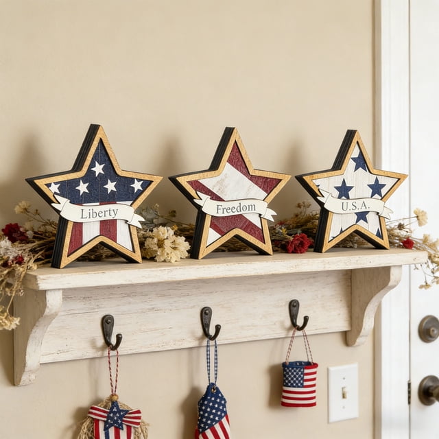Juego de decoración de estrellas de madera patrióticas en capas: adornos rojos, blancos y azules para el 4 de julio, el Día de los Caídos y el Día de la Independencia. Ideal para mesas o paredes.