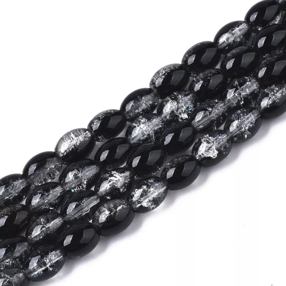 U8MO Crackle Glass Beads 8mm Black Clear Oval Bulk Jewelry Supplies Wholesale 20pcs