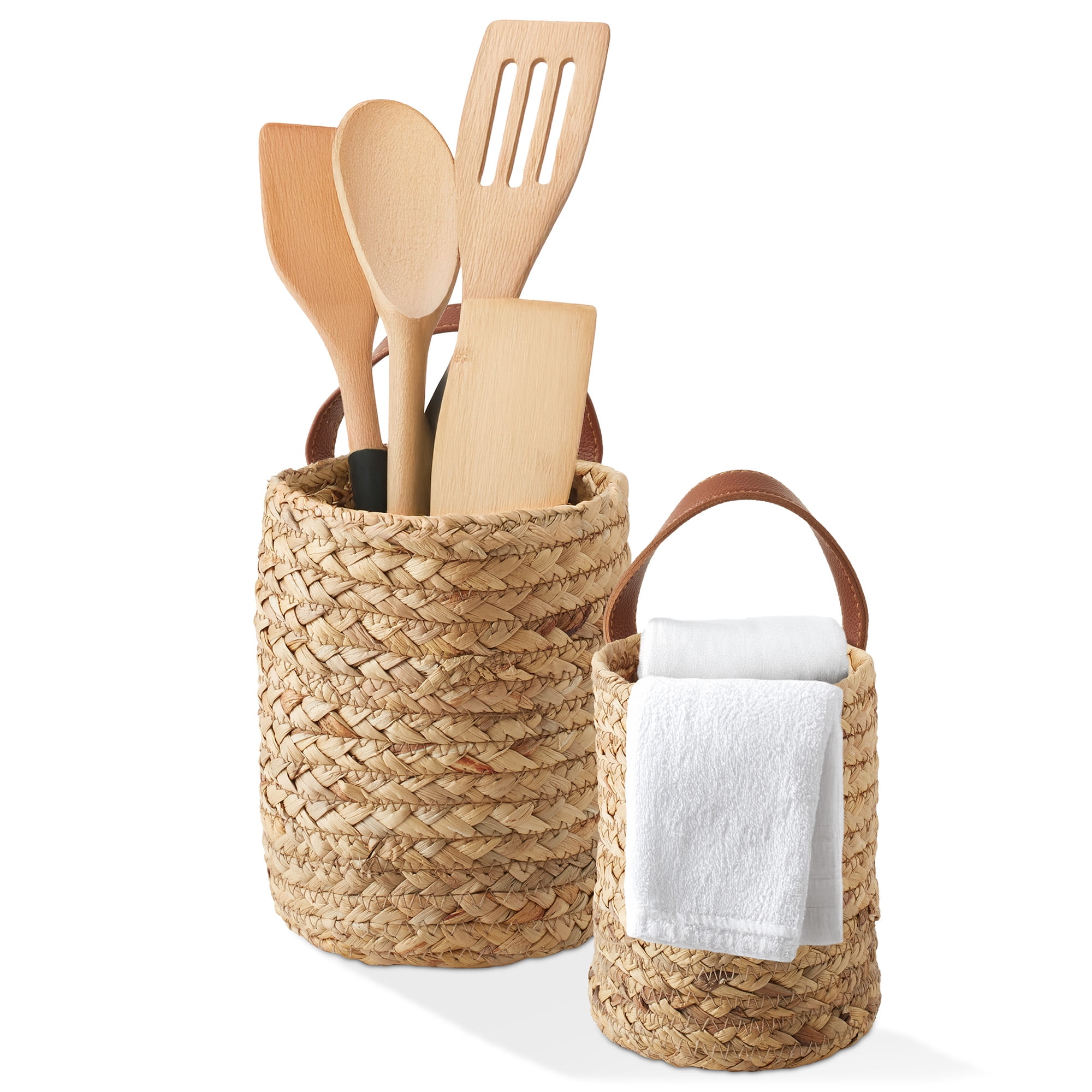 Casafield Set of 2 Wall Hanging Baskets with Handles (Small and Large) - Natural Water Hyacinth, Woven Boho Plant and Flower Storage Pots