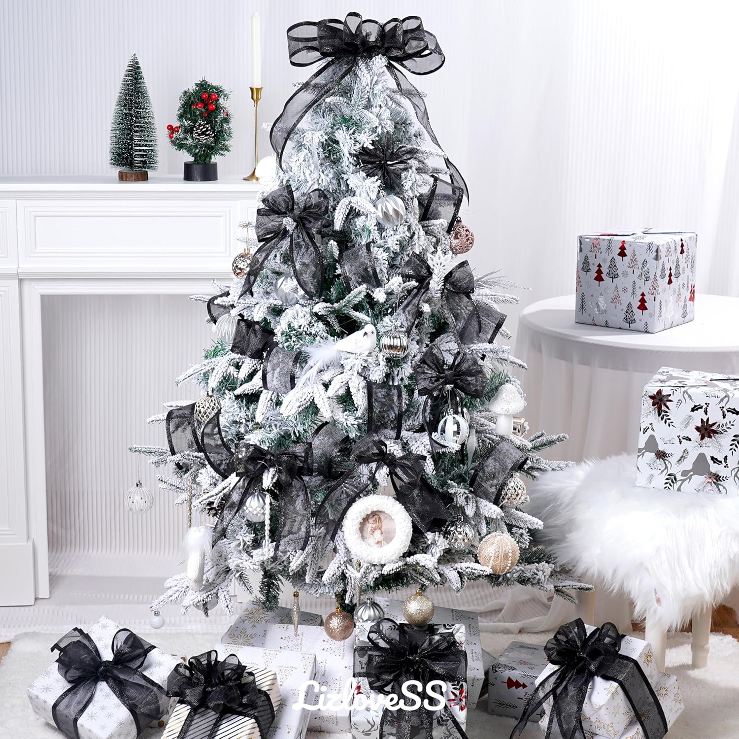 Black Christmas Ribbon Wired 2.5 Inch Metallic Black Wired Ribbon with Glitter Stripe, Ribbon for Christmas Tree, Wreaths Supplies, Swag, Garland, Halloween Decor - 10 Yards