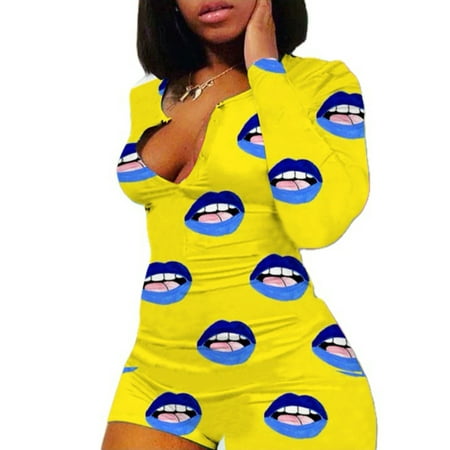 

Caitzr Women V-neck Long Sleeve Jumpsuit Lip Print Leotard Bodycon Sleepwear Rompers