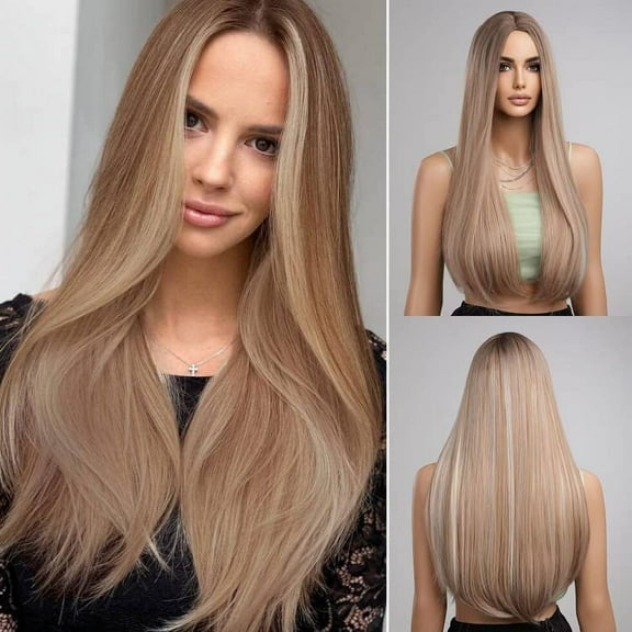 SUCS Long Straight Black Brown Wig Hair for Women Lady Girl Middle Part with Bangs Dark Black Roots 20 inches Heat Resistant Synthetic Natural Looking Wig Home Wedding Normal Daily Cosplay Part