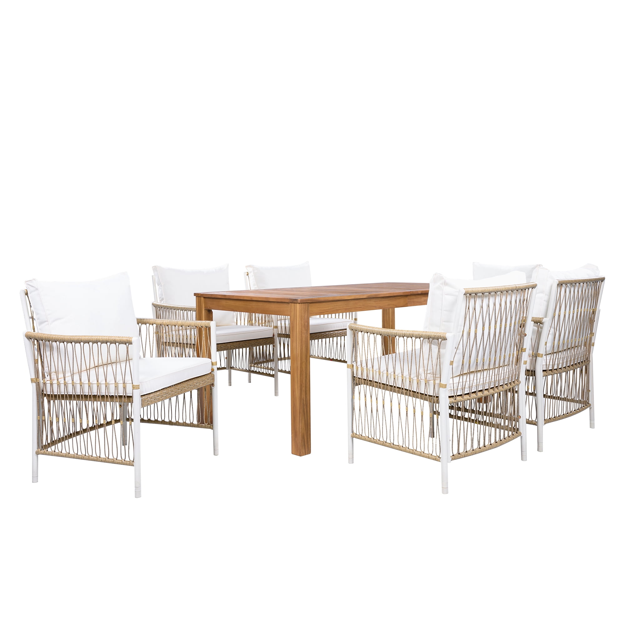 7-Piece Patio Wooden Dining Table Set, 67-Inch Outdoor Acacia Wood Table with 6 PE Rattan Wicker Arm Chairs and Cushions, Outdoor Dining Furniture Set for Garden Backyard, Natural