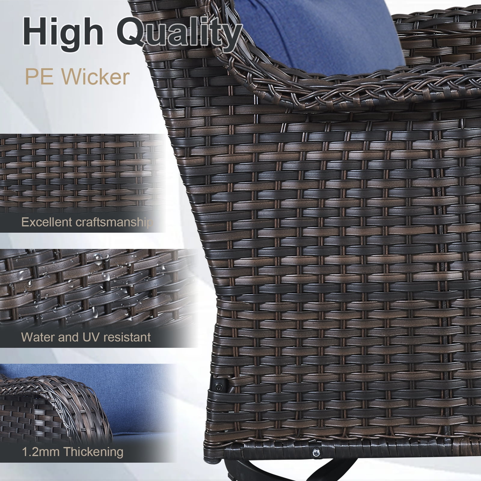 OPOHORO Swivel Outdoor Chair Set of 4 with 30" Propane Fire Pit Table, Patio Furniture Set with Firepit Brown Wicker High Back Patio Swivel Chairs for Garden Balcony Porch - Brown/Blue