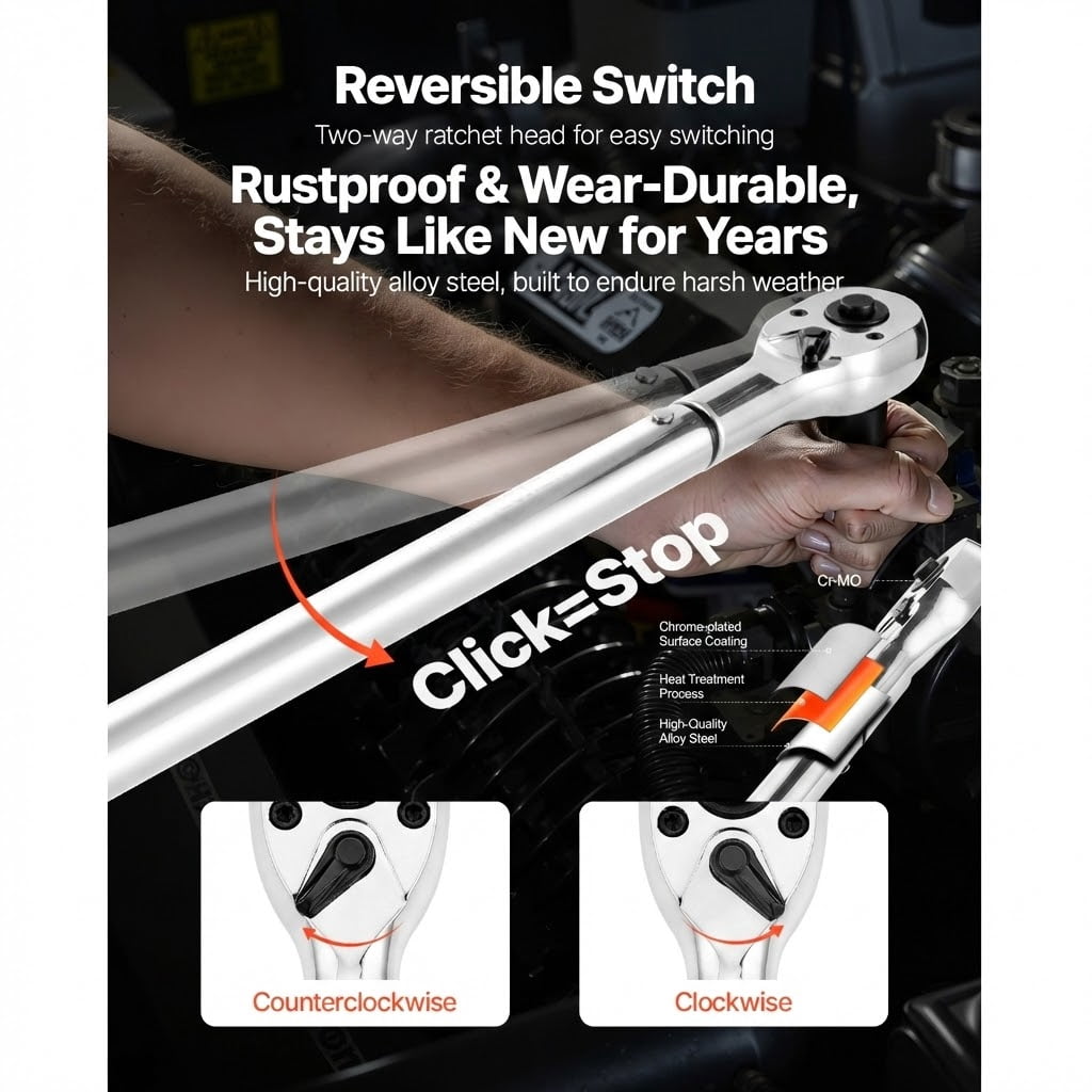 3/4" Drive Click Torque Wrench, 100-600 ft-lb / 136-814 Nm, Dual-Direction with Dual Scales, 48-Tooth ±3% Precision, Alloy Steel