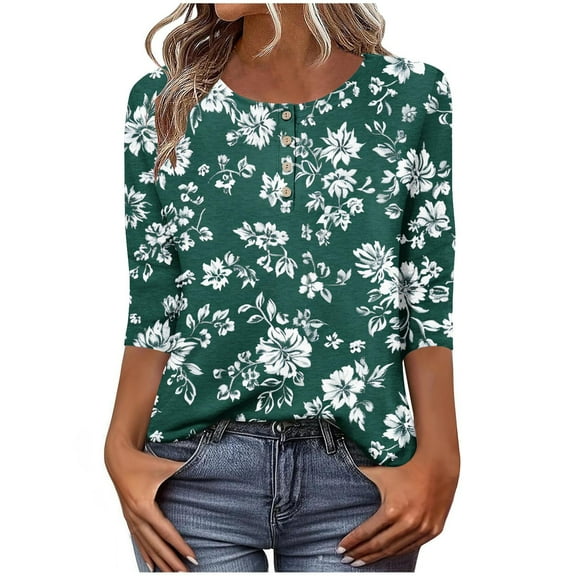 Women's Graphic Printed T-shirts 3/4 Length Sleeve Tees Crew Neck Spring Fall Summer Tops with Buttons (XL, Green 03)