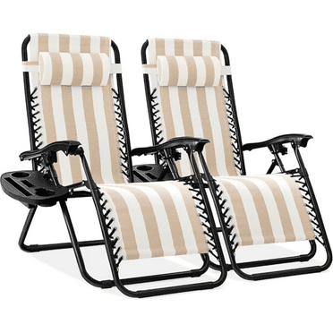 Set of 2 Adjustable Steel Mesh Zero Gravity Lounge Chair Recliners w/Pillows and Cup Holder Trays - Tan Striped