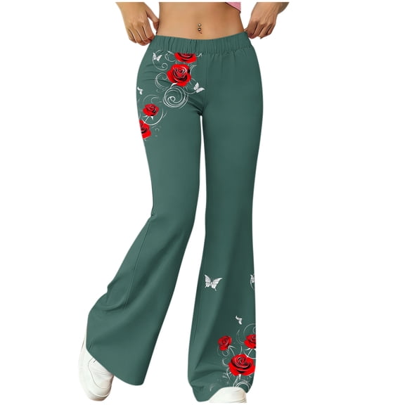 ZQUUVOU Flare Leggings for Women Casual Vintage Rose Print Yoga Pants Elastic High Waist Stretchy Bell Bottom Pants Olive Green