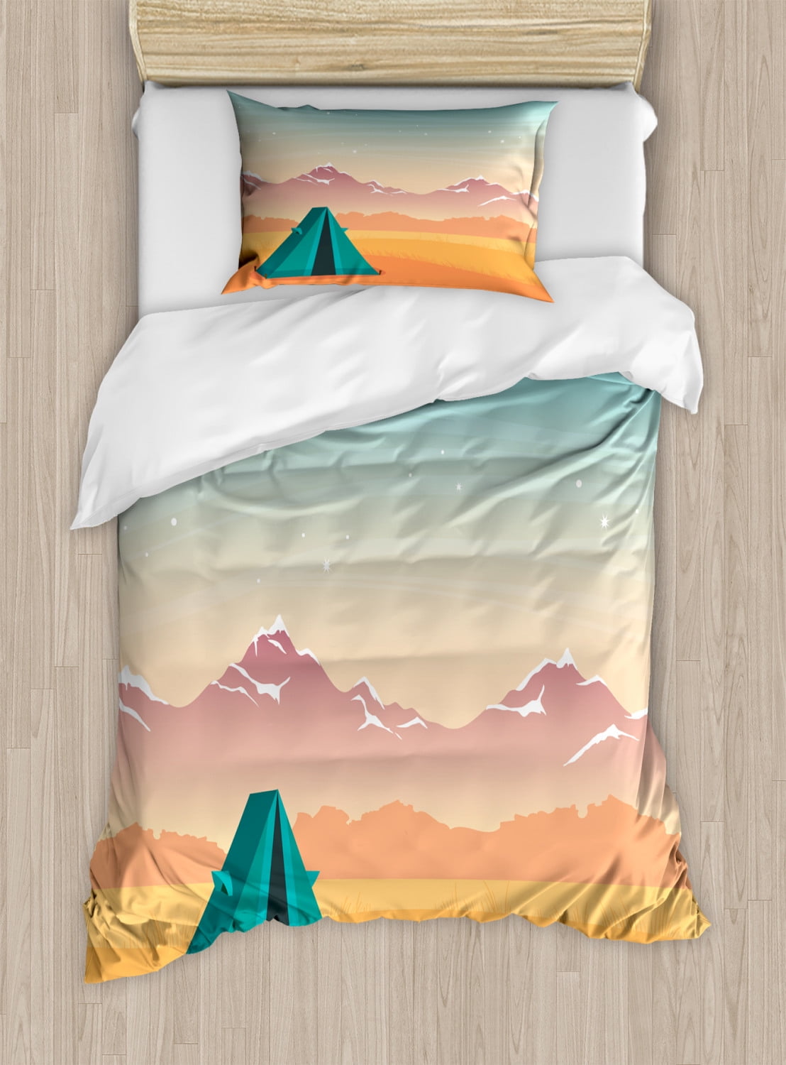 Camping Twin Size Duvet Cover Set, Travel Tent on a Barren Rural Autumn Field Distant Snowy