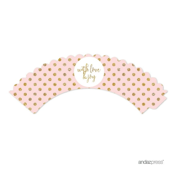 Blush Pink Gold Glitter Print Wedding Cupcake Wrappers, 24-Pack
