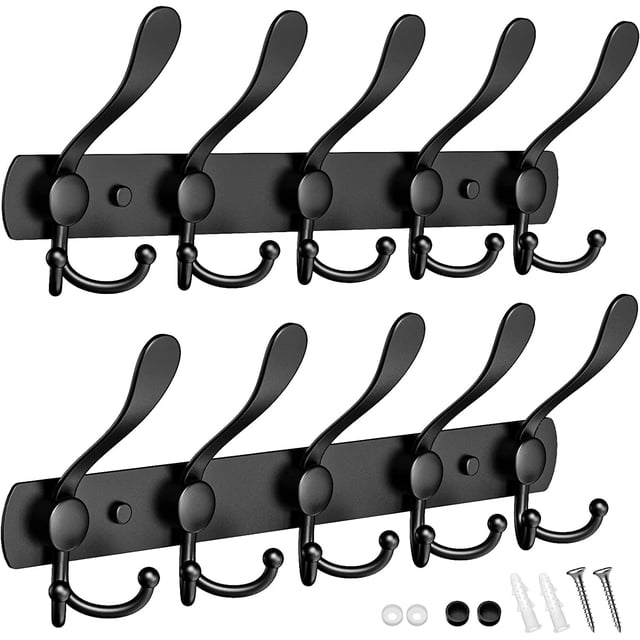 2 Piezas Perchero de Pared 5 Ganchos, Acero Inoxidable Alta Capacidad, Soporte Antirayones para Colgar Abrigos, Organizador para Entrada, Sala de Estar y Dormitorio (Negro)