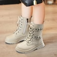 thumbnail image 2 of Quealent Girls Boys Ankle Boots Side Zipper Combat Shoes with Lace Up for Toddler/Little Kid/Big Kid Beige for Size 10.5, 2 of 9