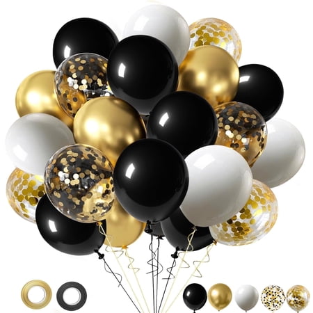 Black White Gold Balloons Set, 68Pcs 12 Inch Black Metallic Gold Balloons for Graduation Birthday Wedding Party Decorations