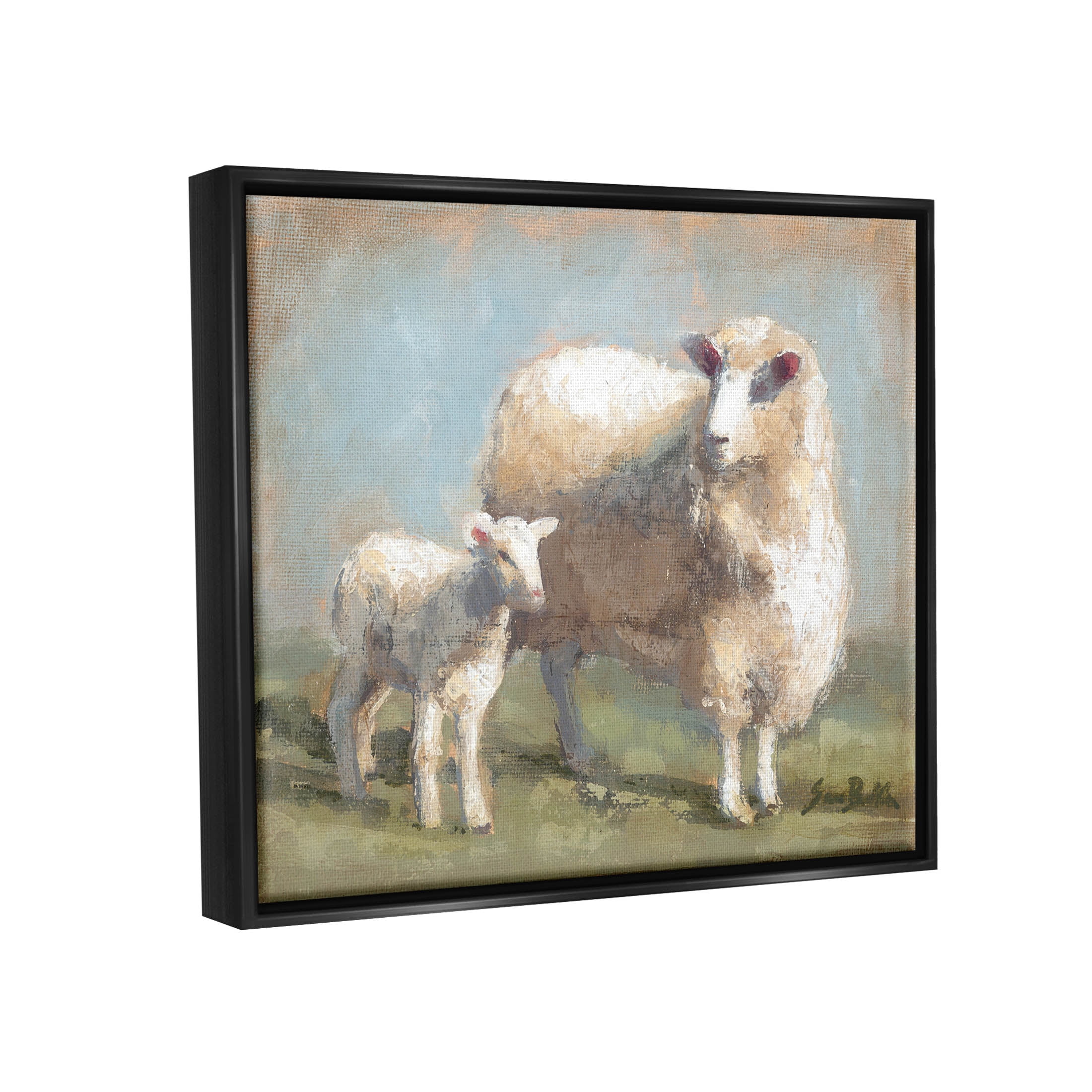 Sheep Lamb Family Farm Animals & Insects Painting Jet Black Framed Art Print Wall Art