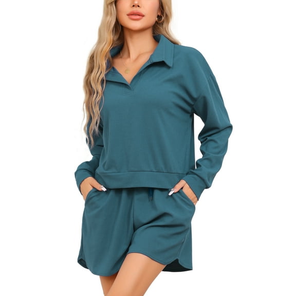 INSPIRE CHIC Women's Pajamas 2 Piece Lounge Sets Waffle Knit Matching Outfits Long Sleeve Top and Shorts with Pockets XS Dark Green