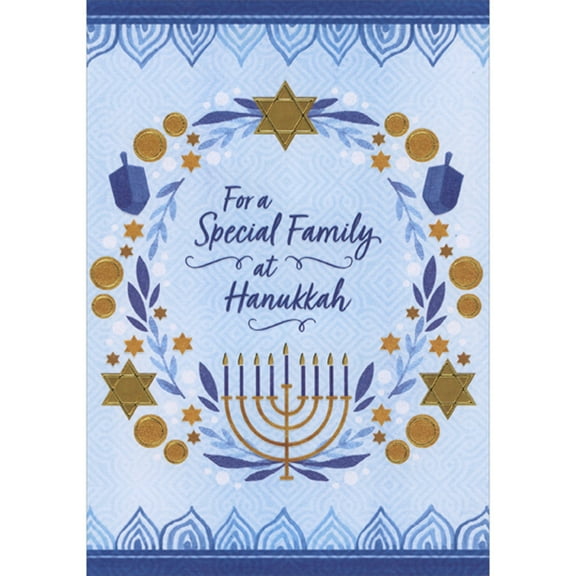 Designer Greetings Wreath of Blue Vines, Gold Stars and Circles with Menorah at Base Hanukkah Card for Special Family