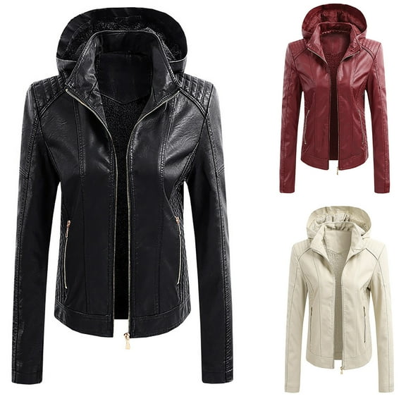 Juebong Woman's Faux Leather Jacket with Hood Sherpa Lined Fleece Slim Fit Motorcycle Coats PU Moto Biker Bomber Jackets Outwear Beige,XXL