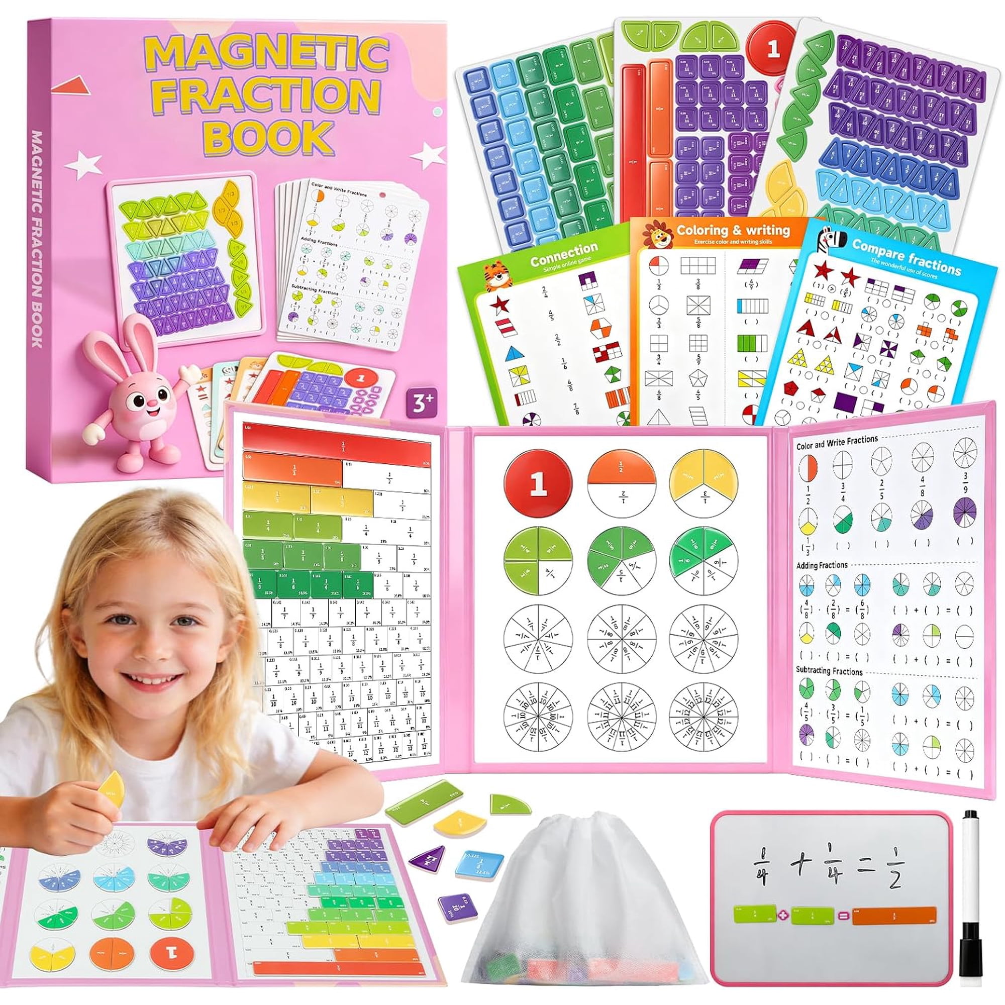 Magnetic Fraction Playbook for Kids – Visual Fraction Tiles & Circles Puzzles with Dry-Erase Board, Activity Cards & Storage Bag, Math Manipulatives for Homeschool & Elementary Grades K-3