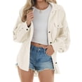 thumbnail image 1 of Beaully Camisas de pana con botones para mujer, chaqueta informal de manga larga de gran tamaño, color beige, 1 of 5